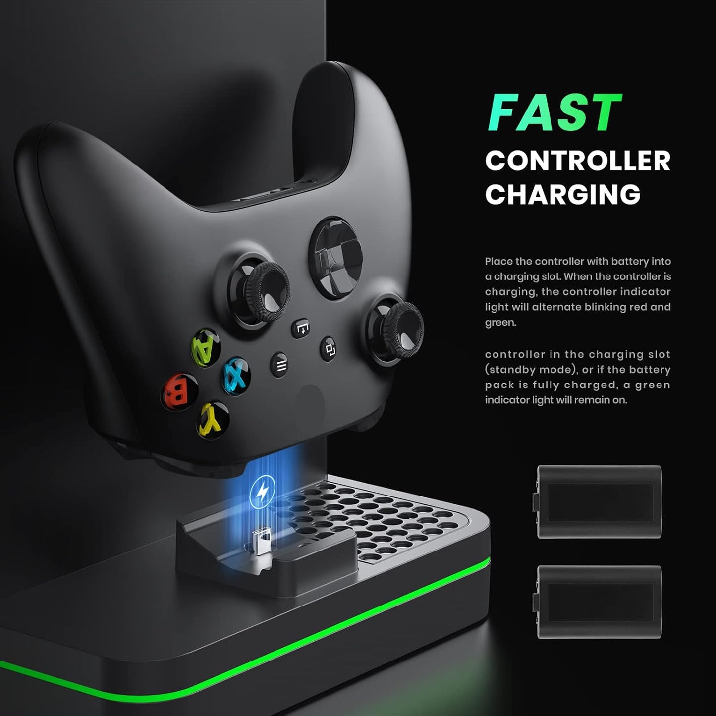 Charging Stand with Cooling Fan, CODOGOY Vertical Stand Compatible with Xbox Series X/S Console&Controller, Dual Controller Charger Station Dock with 3 USB Ports,2*1100 mAh Rechargeable Battery Packs
