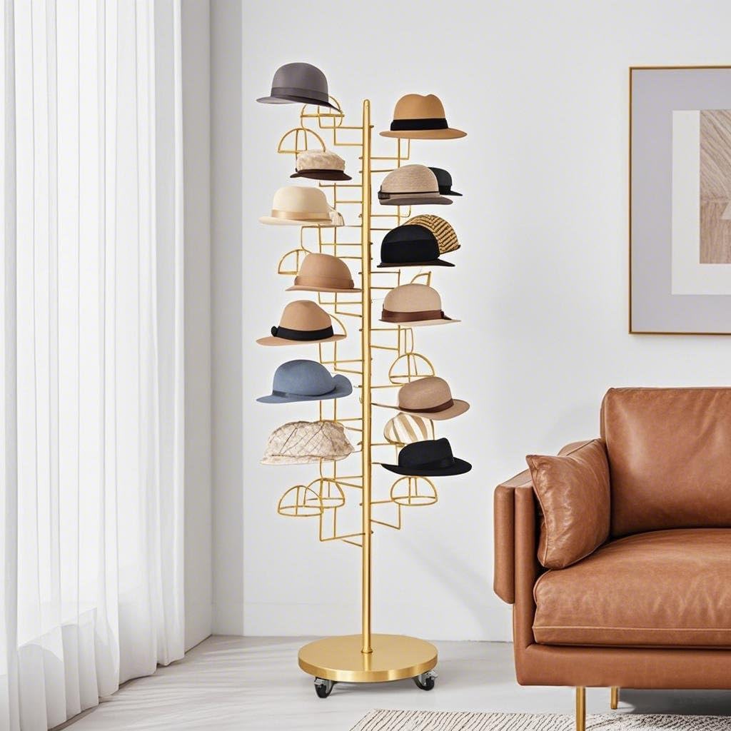 Gold Hat Display Stand, Commercial Hat Rack with 30 Hooks & Wheels, Freestanding Metal Cap Organizer for Retail Store, Home, 69 inch