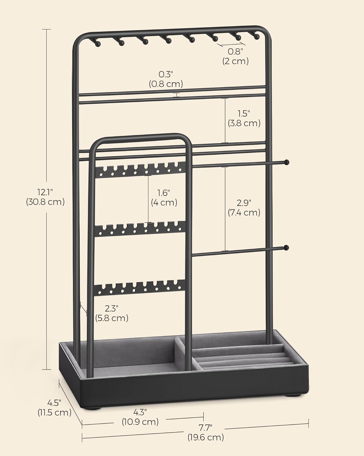 SONGMICS Jewelry Holder, Jewelry Organizer, Jewelry Display Stand with Metal Frame, Velvet Tray, Necklace Earring Bracelet Holder, for Studs, Rings, Christmas Gift, Ink Black UJJS021B01