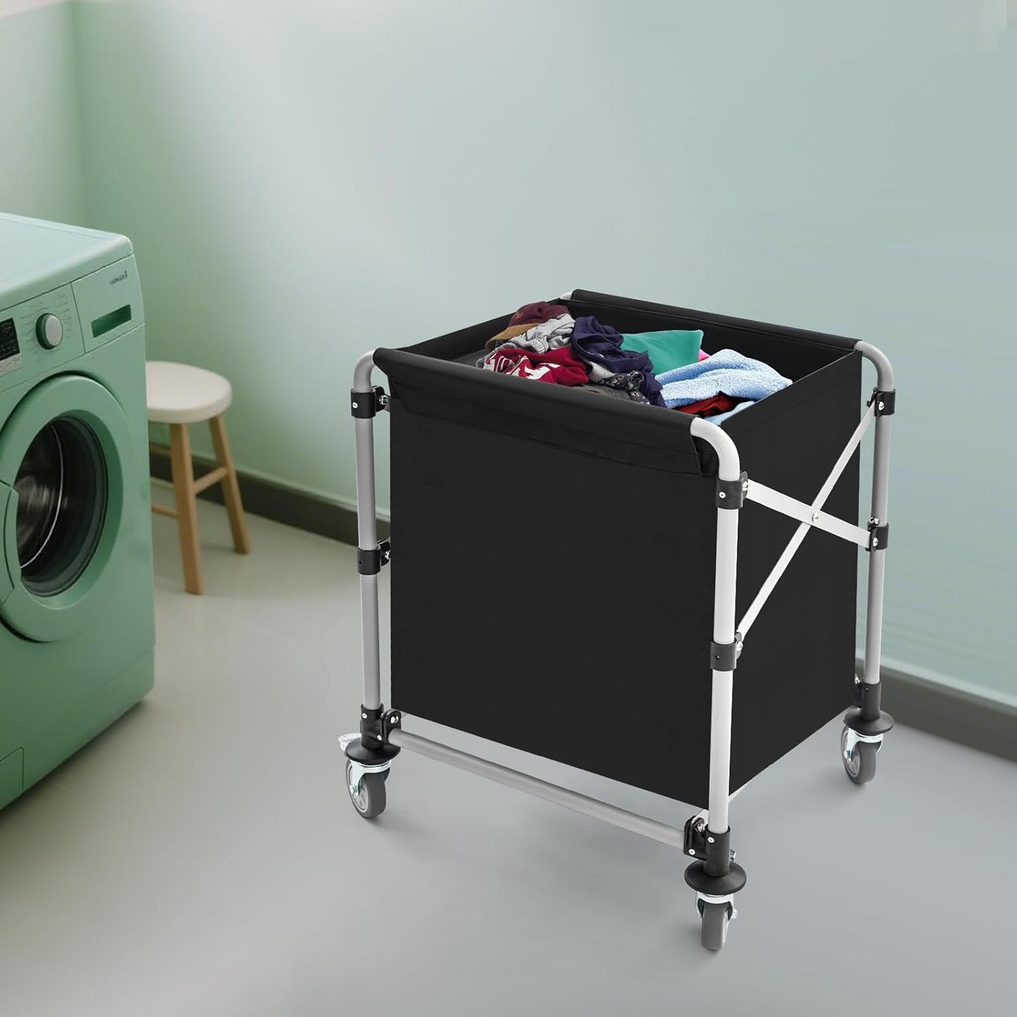 Commercial Laundry Cart with Wheels,Folding Laundry Hamper Cart,Heavy Duty Rolling Laundry Basket with Large Capacity,Laundry Sorter Trolley for Home Hotel Apartment (Black, 23.62 * 19.69 * 23.62in)