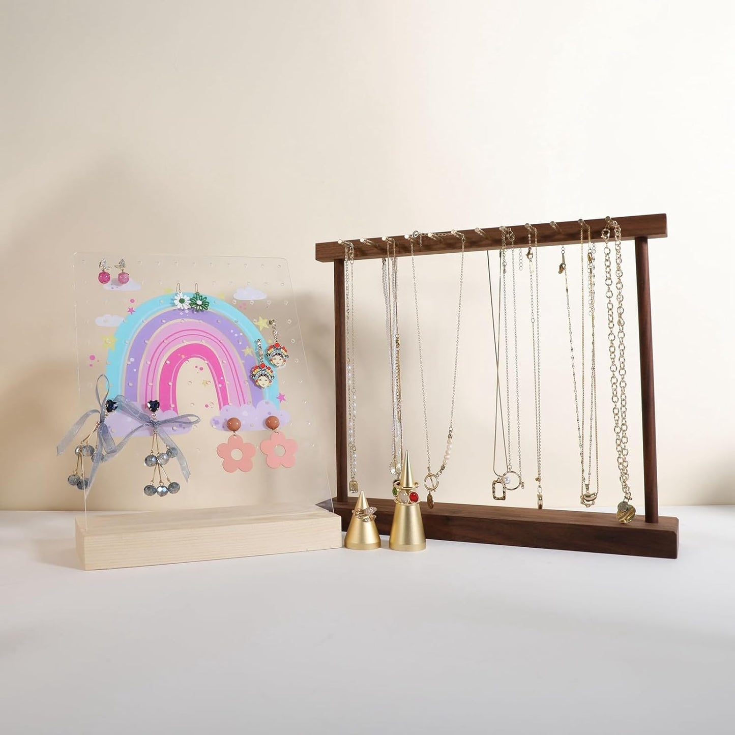 GemeShou Medium necklace hanger shelf with 12 copper bars, Wooden jewelry storage organizer rack for hanger necklace bracelet, necklace display stand for boutique store【Walnut】