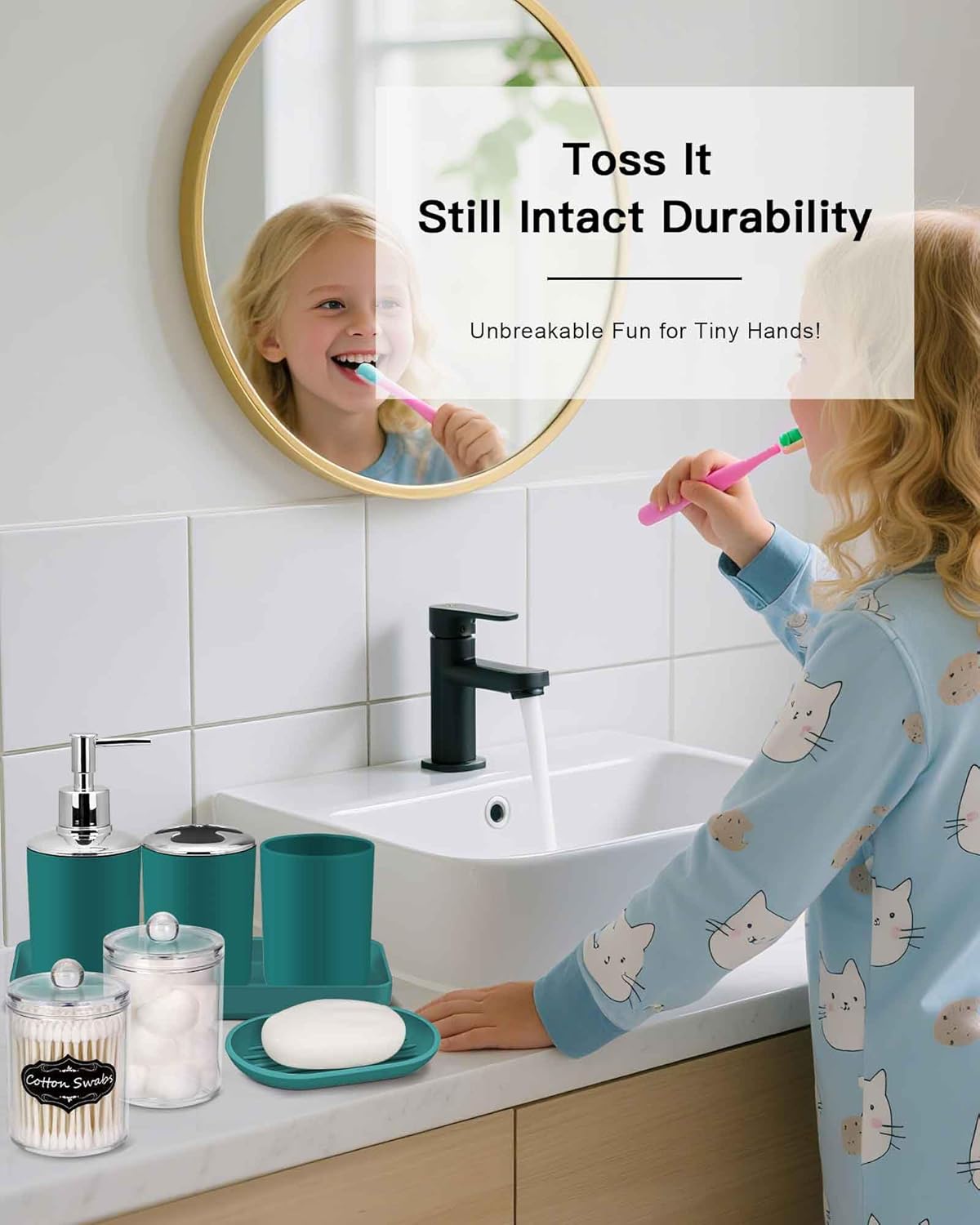 IMAVO Bathroom Accessories Set,Peacock Green Bathroom Set,9 Pieces Bathroom Accessory Set,Tray,Qtip Holders,Toilet Brush,Trash Can for Bathroom Décor and Home Gifts