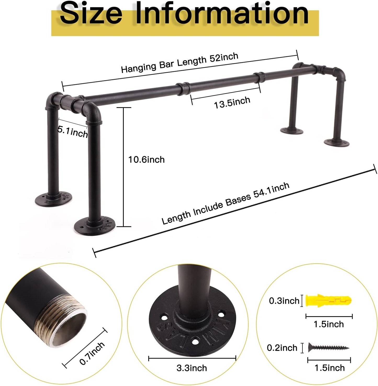 54” Wall Mounted Clothes Rack, Industrial Pipe Black Iron Garment Bar, Heavy-Duty Detachable Clothing Rod, Multi-Purpose Metal Wall display Hanging Pole for Closet Storage, Laundry Room 4 Base