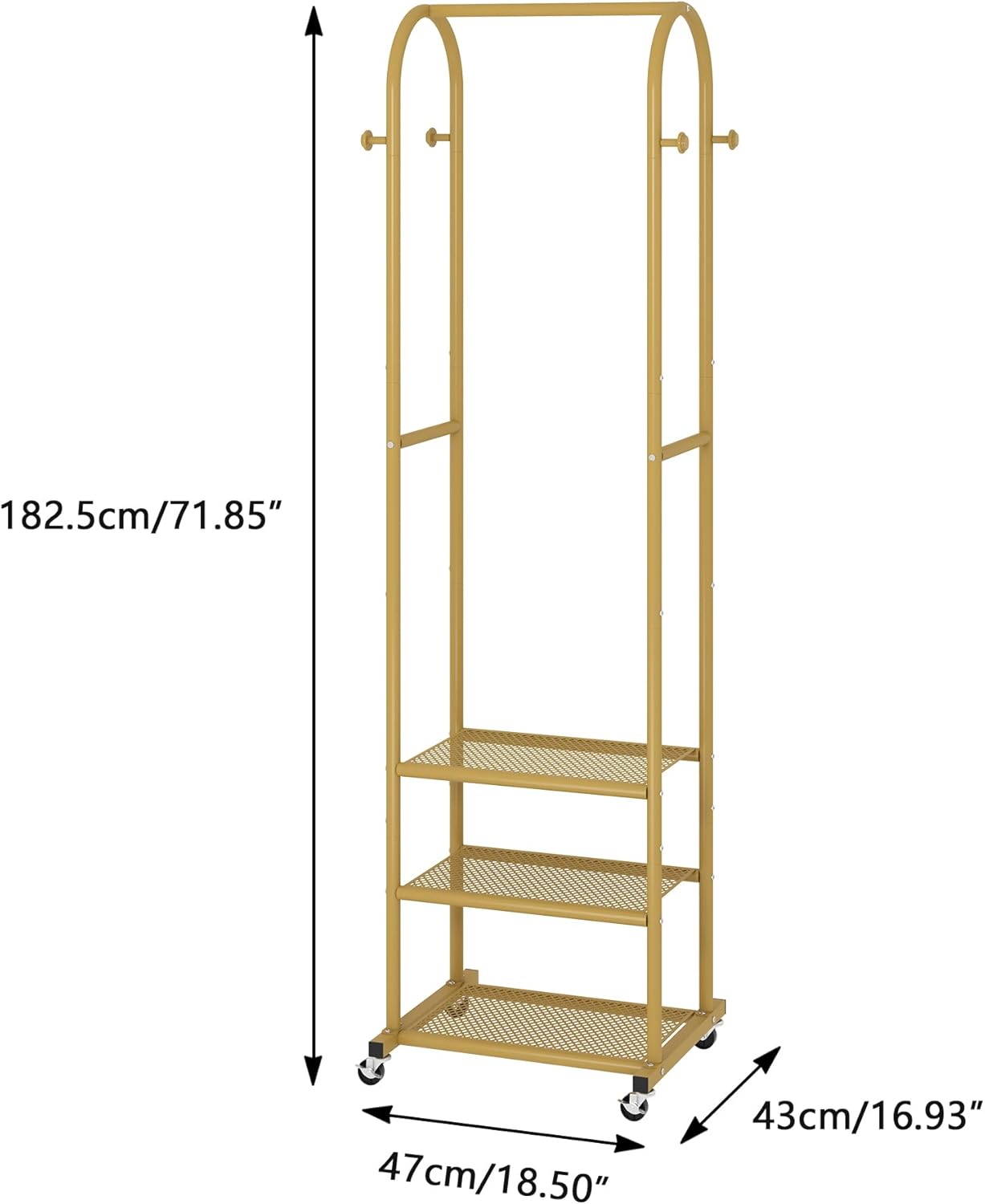 Heavy Duty Clothing Rack with Wheels,Modern Garment Rack with 3 Metal Shelves, 71.8Inches Display Rack for Hanging Clothes, Hanging Rod for Small Space,Gold