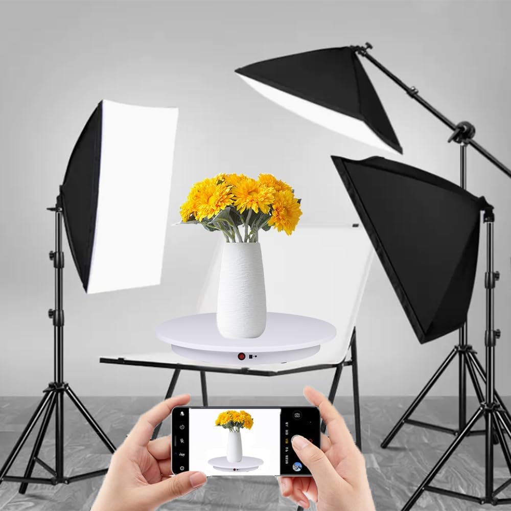 JAYEGT Motorized Rotating Display Stand ,330 Lbs Load ,360 Degree Electric Rotating Photography Turntable For Products Display,Video Show, Outdoor Show,Remote Control+5 Colors Backgrounds(White / 16.5inch / Rechargeable)