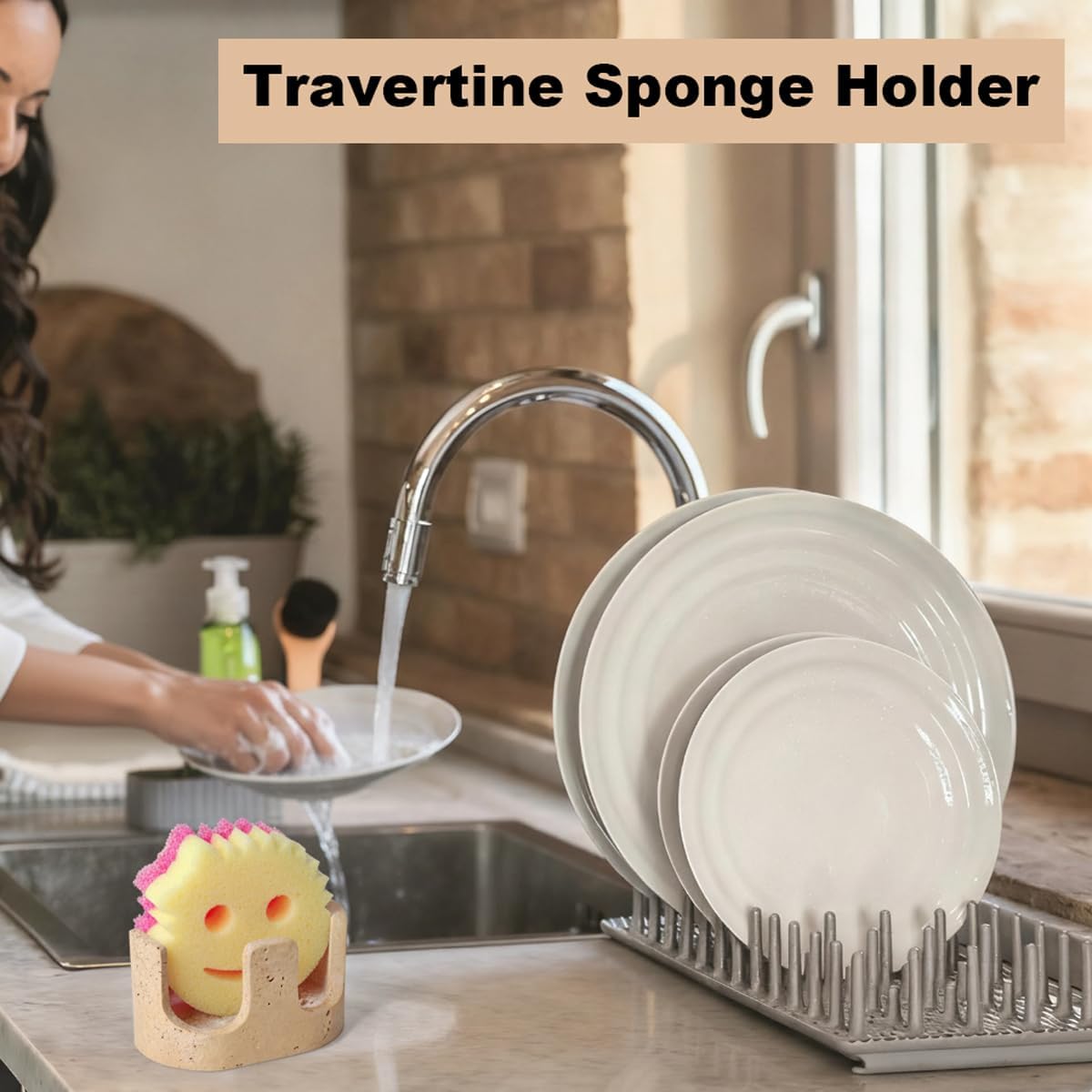 Travertine Sponge Holder, Dual-Slots Natural Stone Sink Organizer with Raised Edge to Catch Drips,Keeps Sponges Dry & Countertop Clean, Heavy & Stable with Anti-Slip Base, Organic Kitchen Decor,Beige
