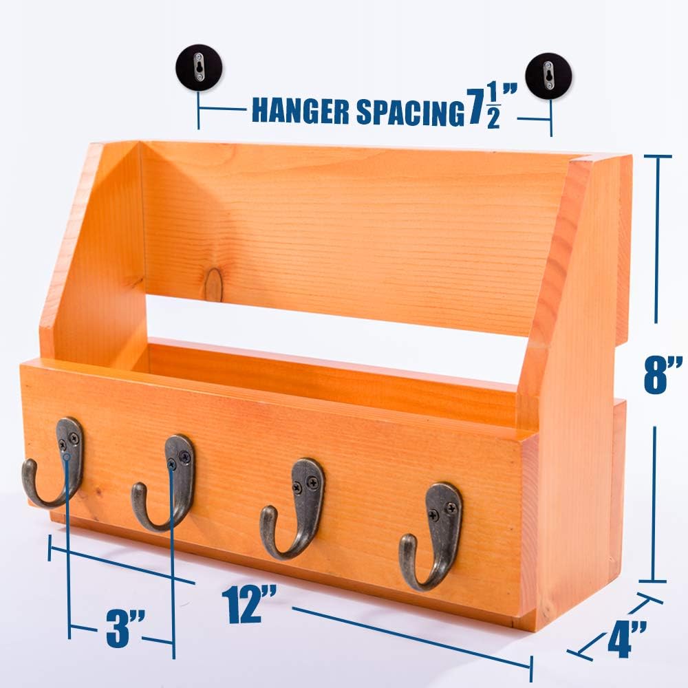 Flintar Wall Mounted Key and Mail Holder with 4 Hooks. Made of Solid Wood. Use as Key Rack, Entryway or Mudroom Organizer, Mail Sorter, Magazine Holder, Bill Sorter, Rustic Home Décor (Oak)