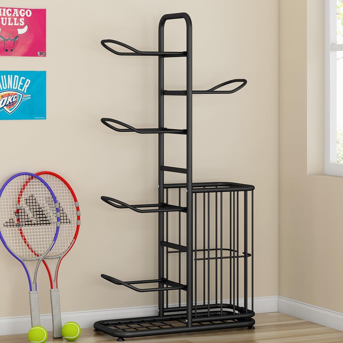 Sports Ball Storage Rack | Adjustable Vertical Stand for Basketball, Soccer, Volleyball & More | Durable Steel Organizer for Garage |5-Ball |45.7 inches, black