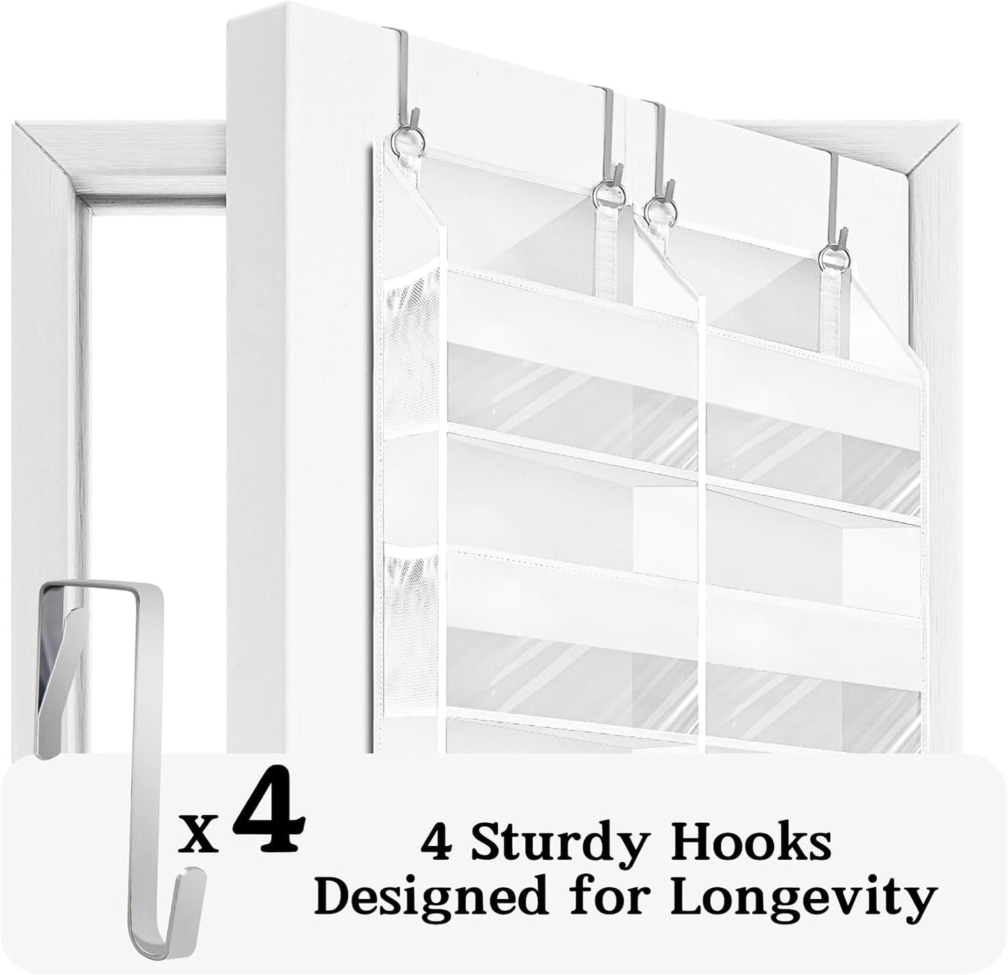 Over The Door Organizer 6 Tiers, Extra Large Behind Door Storage of 12 Compartments, 80 lbs Weight Capacity Hanging Storage Organizer with Clear Window Kids Toys, Shoes,Diapers, Room Storage, White