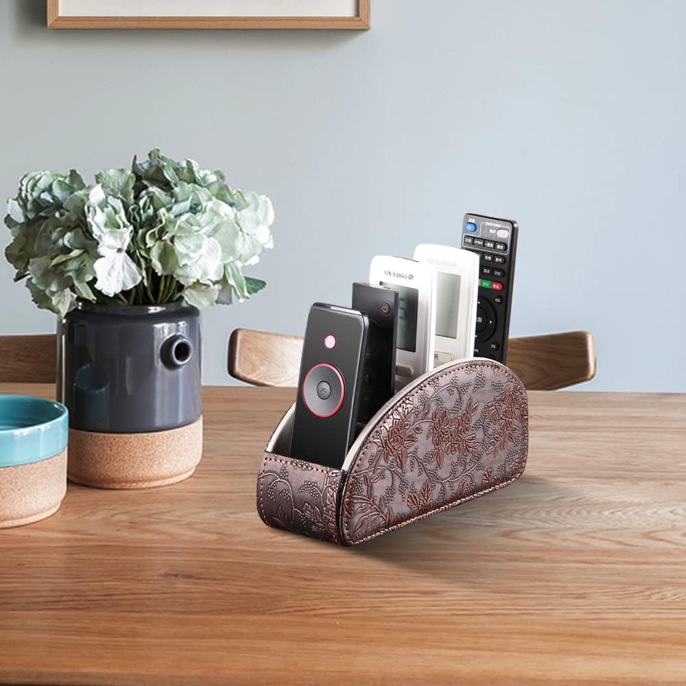 Leather Remote Control Holder,Universal TV Remote Organizer with 5 Compartments,Desktop or Bedside Table Organizer for DVD,Blu-Ray,Gaming and Streaming Remotes,Glasses and Accessories(Antique)