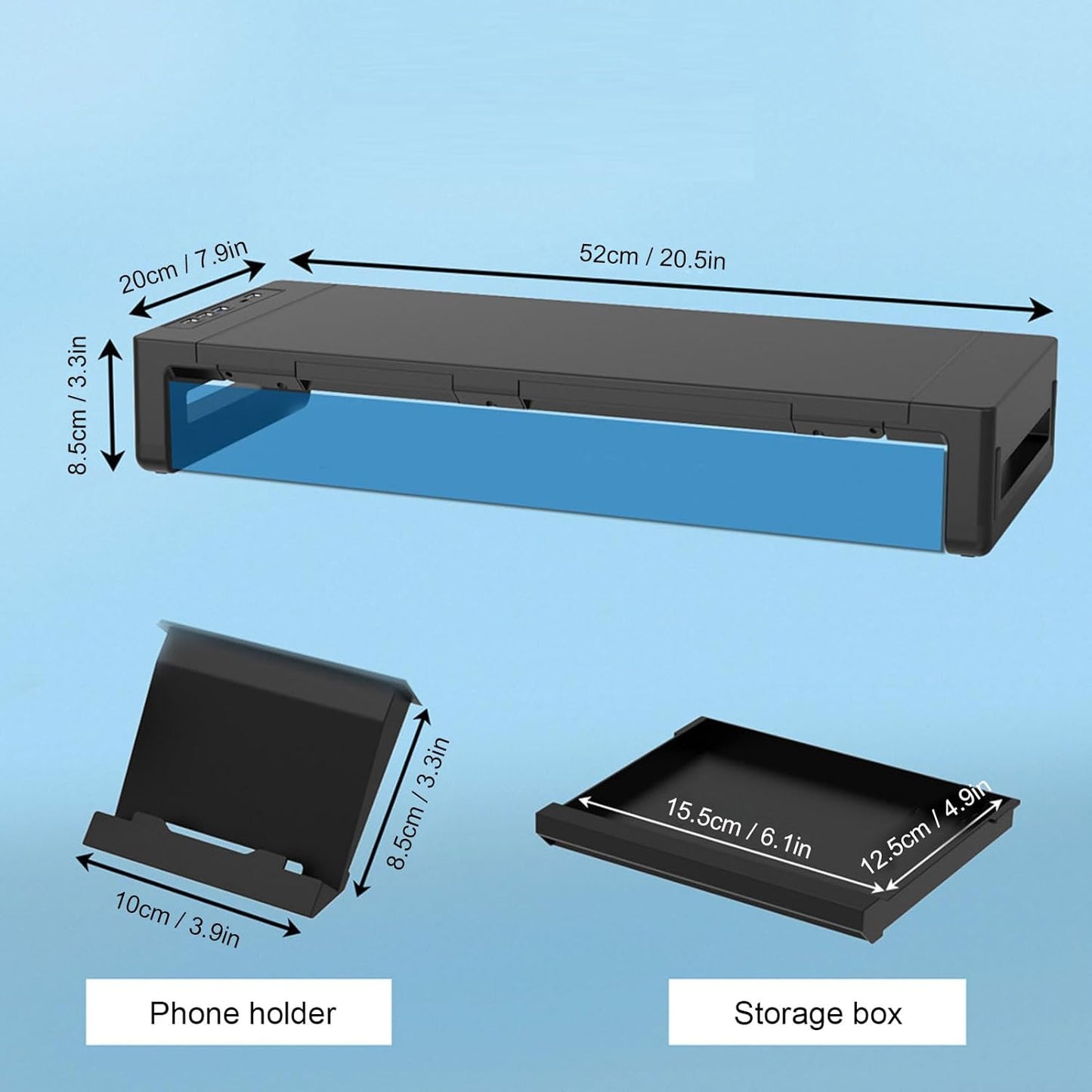 Monitor Stand Riser with 8 in 1 Docking Station Phone Holder Drawer 25KG Bearing Ergonomic Desktop Computer Storage Shelf for Home Office Workstation ABS Aluminum Alloy Black