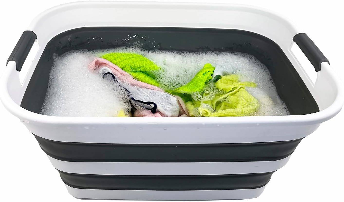 SAMMART 27L (7.1 Gallons) Collapsible Plastic Laundry Basket with Handle-Foldable Pop Up Storage Basket with handle (2, White/Steel Grey)