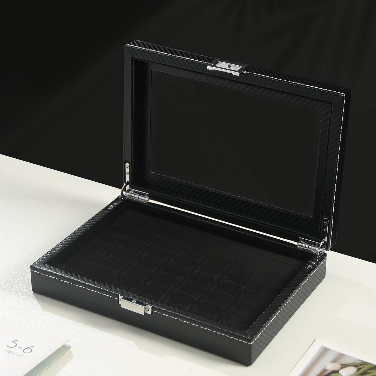 Byken Carbon Fiber Ring Organizer for Jewelry,Rings Display Case,Small Travel Jewelry Box,49 Slots Cufflink Storage Tray with Glass Lid,Black