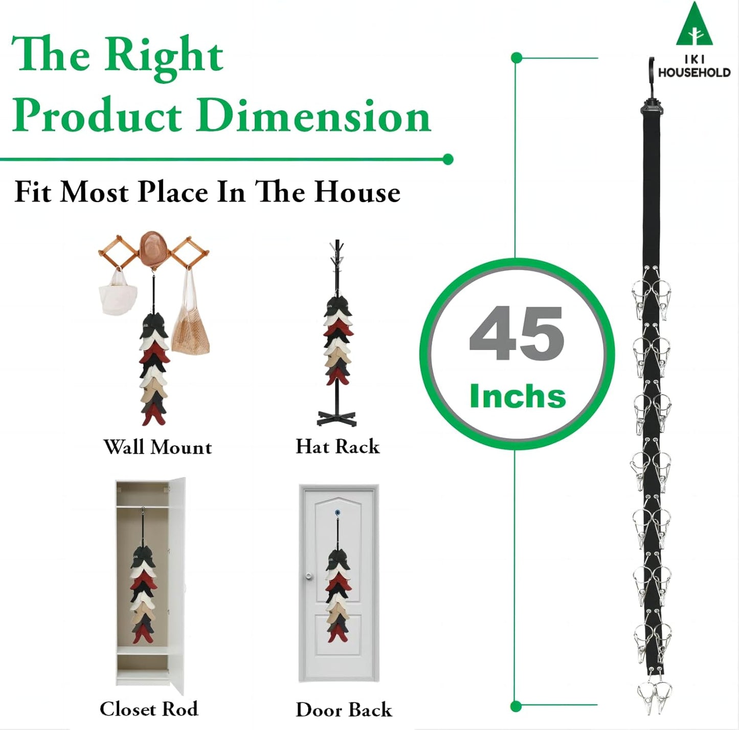 IKI Hat Organizer for Baseball Caps - Holder Closet 2Pack Each 16 Premium Clips, Good Hangers Rod, Display Wall Mount, Easy Storage Racks and Hats, Black