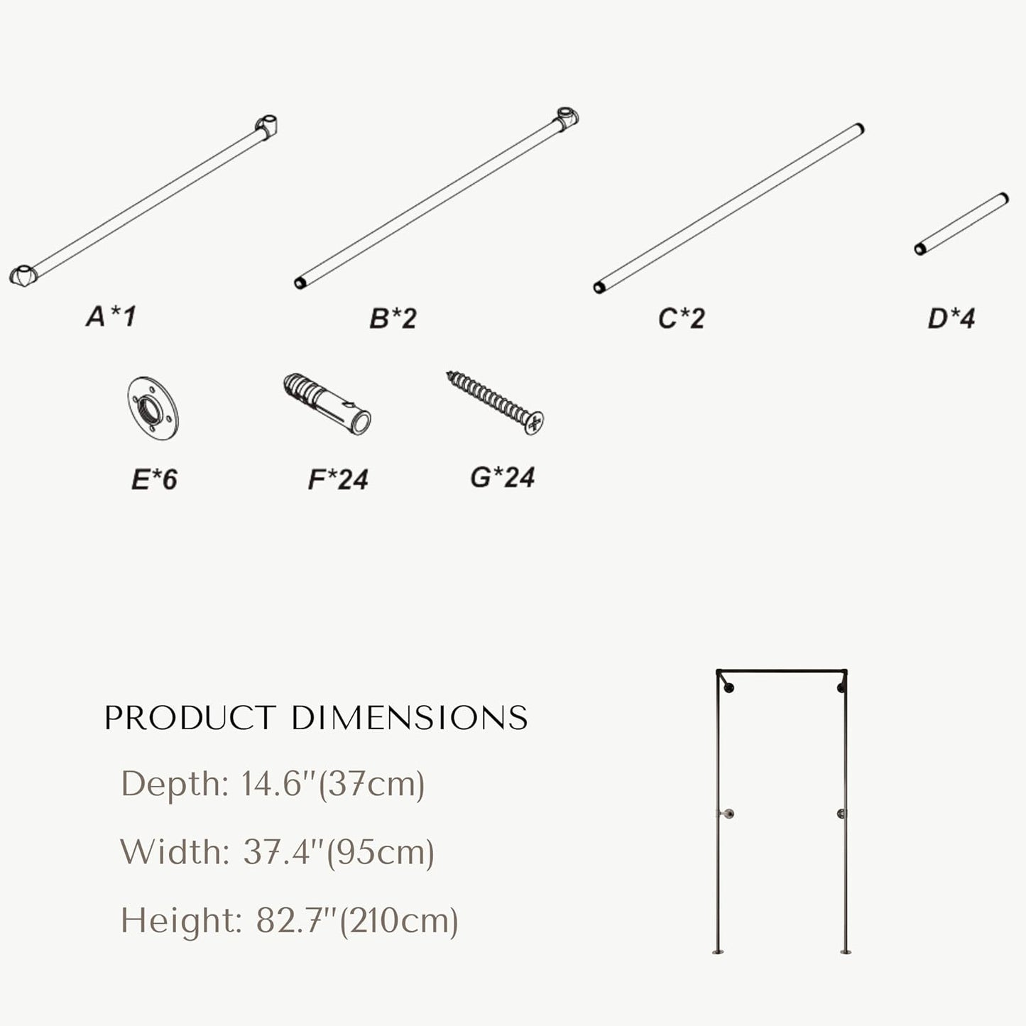 Industrial Pipe Clothing Rack, Heavy Duty Wall Mounted Clothes Rack, Retail Display Hanging Garment Rod for Laundry Rooms, Closet Storage, 14.6x37.4x82.7 Inches, Model K05
