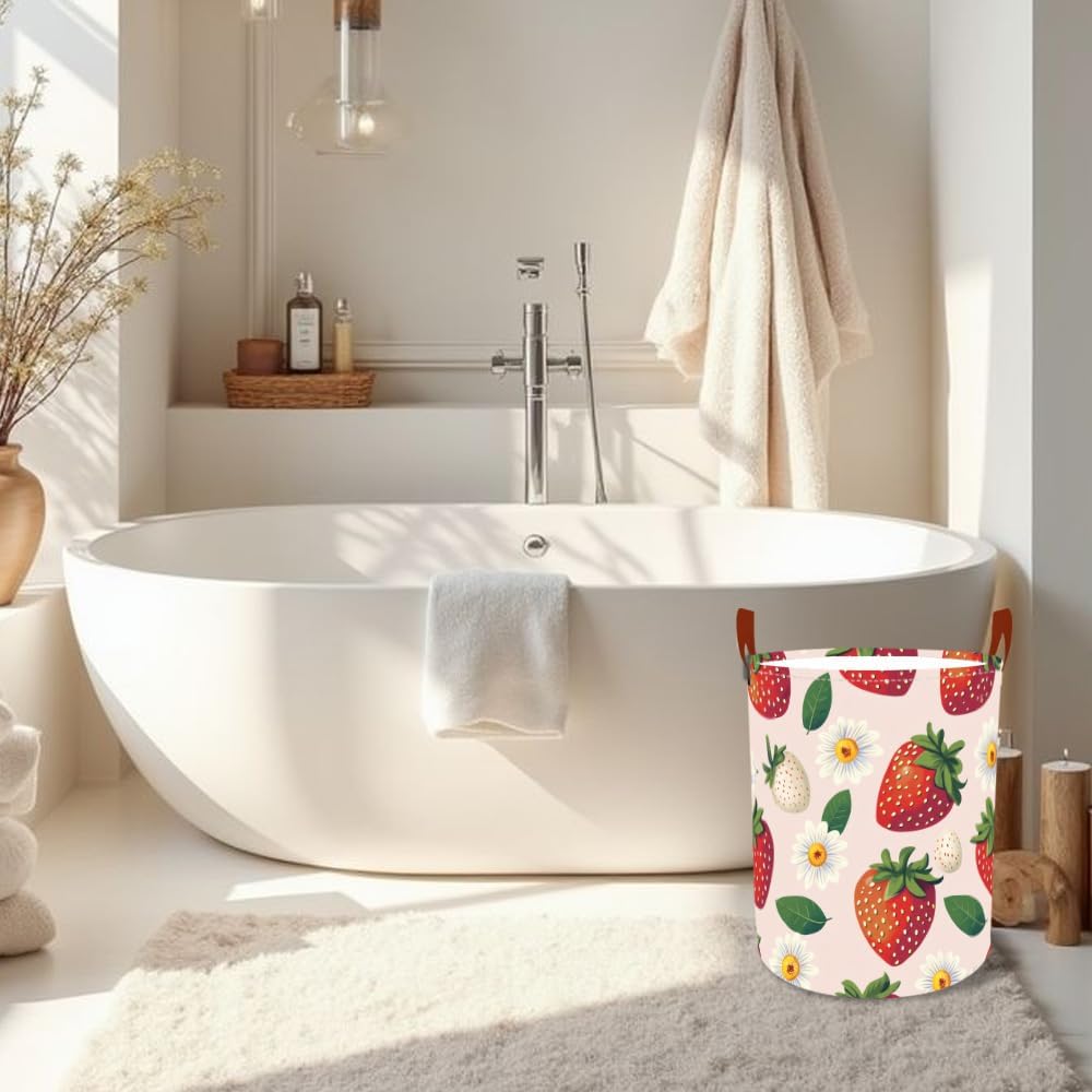 Laundry Baskets 15.7x19.7 Inch Large Strawberry Daisy Design Collapsible Laundry Hamper with Handles Oxford Fabric Clothes Storage Bin Foldable Dirty Clothes Organizer for Bedroom Bathroom Dorm