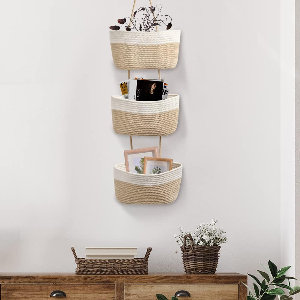 TeoKJ Over the Door Hanging Basket, 3-Tier Woven Cotton Wall-Mounted Storage Organizer Bag Decorative Hanging Kitchen Baskets - White + Jute