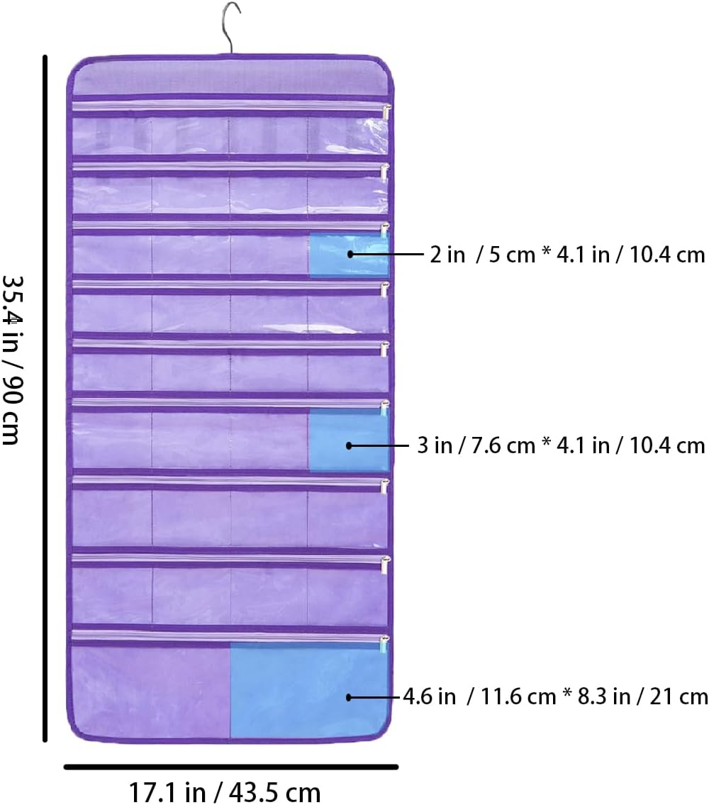 Travel Jewelry Organizer Dual Sided Hanging Earring Holder Bracelet Storage Rolls Rings Display Case with 68 Zippered Pockets (PURPLE)