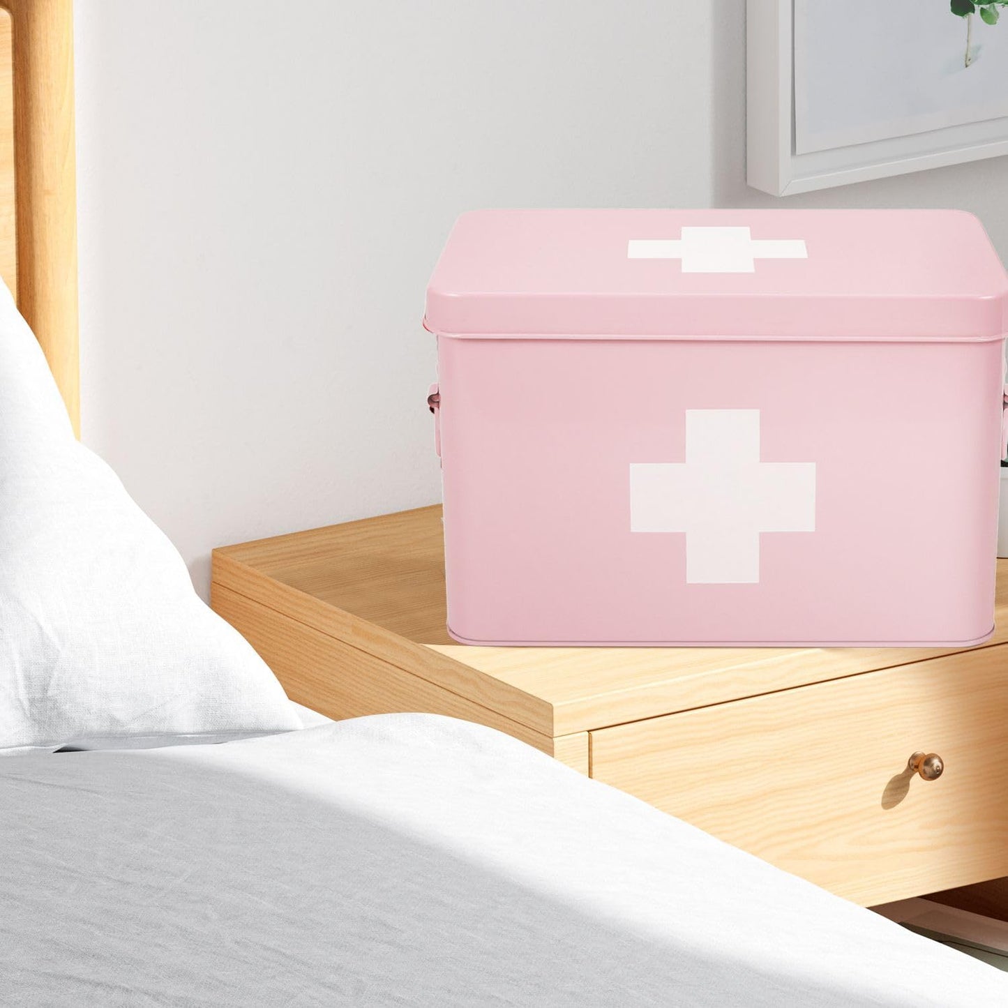 Flexzion First Aid Box Organizer Empty 13" Pink Vintage First Aid Kit Tin Metal Medical Box - First Aid Storage Box Container Bins with Dividers, Removable Tray and White Cross Logo