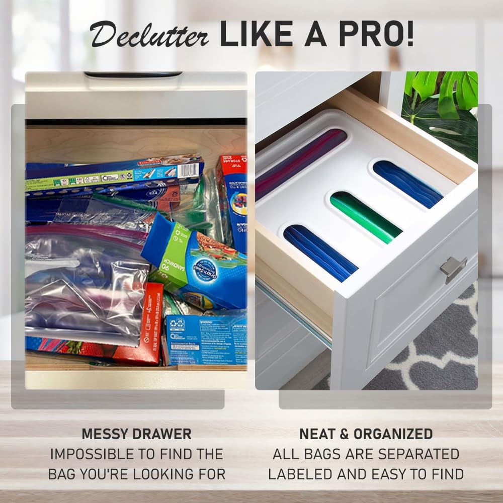 FALAH Food Storage Bag Organizer, 4 in 1 Plastic Bag Organizers for Kitchen Storage, Baggie Organizer for Drawer with Removable Labels, Gallon, Quart, Sandwich (White)