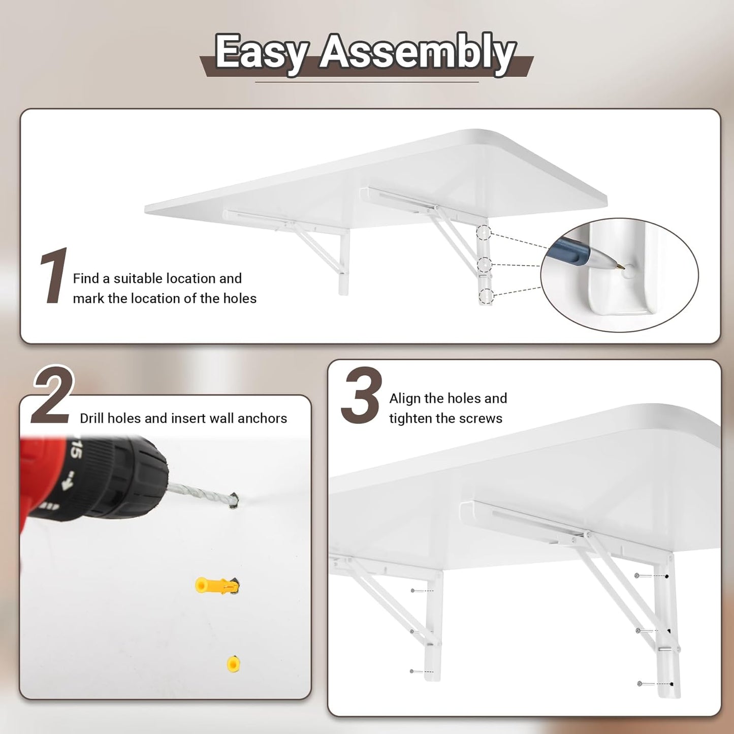 Wall Mounted Folding Table 39.4”L x 19.7”W, Laundry Folding Table with Heavy Duty Metal Collapsible Shelf Brackets, Wall Mounted Desk Fold Down for Small Spaces, White