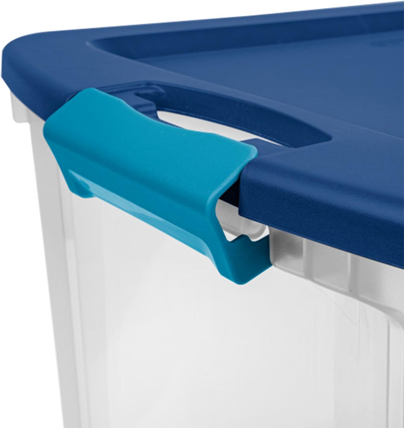 Sterilite 18 Gal Latch and Carry, Stackable Storage Bin with Latching Lid, Plastic Container to Organize Closets, Clear with Blue Lid, 6-Pack