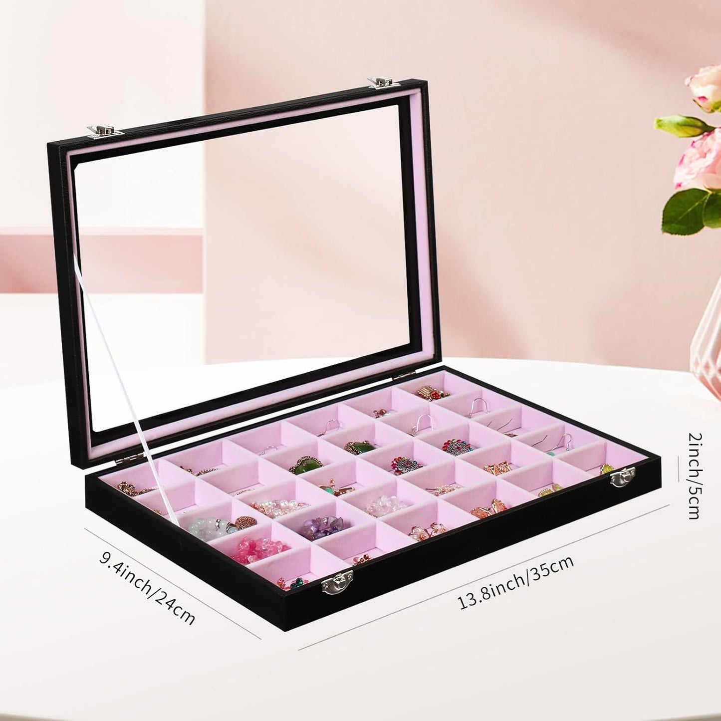 Stratalife Jewelry Organizer Earring Holder Jewelry Tray with Lid Earring Storage Drawer Organizer Earring Ring Storage for Women 30 Grid (Pink Black)