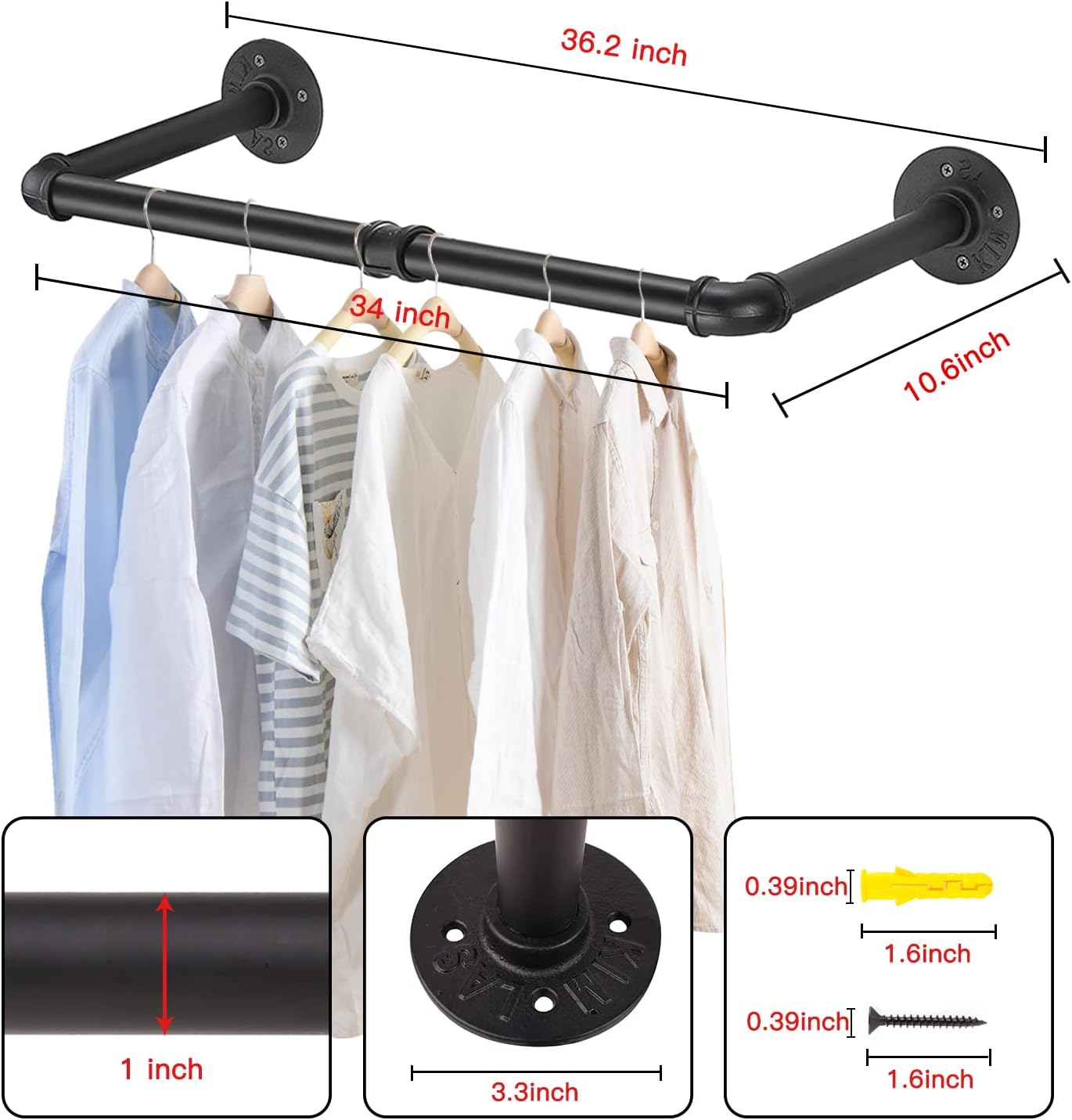 Wall Mounted Clothes Rack - 36" Industrial Pipe Clothing Garment Rack, Space - Saving Heavy Duty Detachable Black Iron Clothes Organizer, Multi-Purpose Hanging Rod for Closet Storage, 2 Base