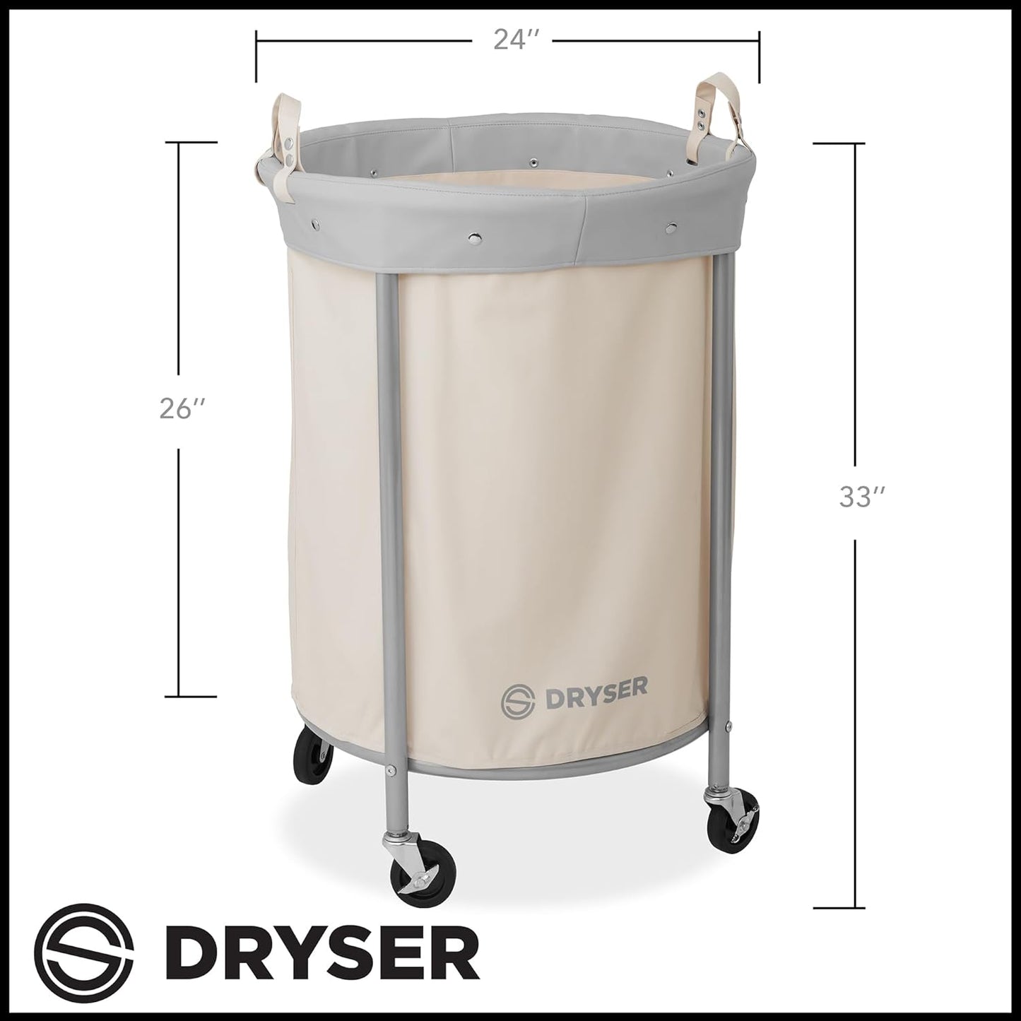 Dryser Laundry Basket with Wheels, 65 Gal. Commercial Round Rolling Laundry Hamper with Steel Cart, 4 Casters and 2 Brakes, Removable Liner - White