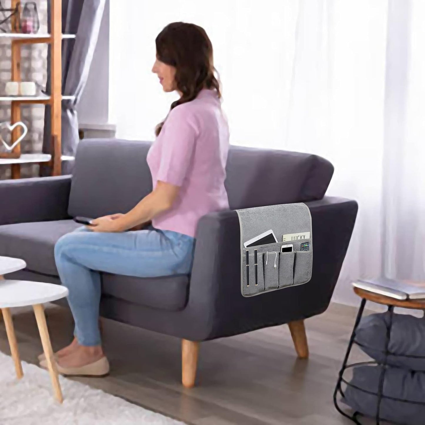NB Sofa Armrest Organize remote holder bedside caddy organizer with 5 pockets,non-slip couch remote control holder couch armchair caddy accessories (Beige, 35"x12.4")