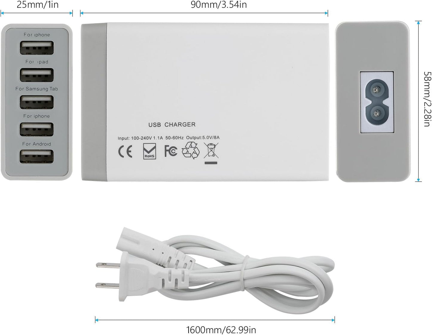 Desktop 5 Port USB Wall Charger 40W 8A, USB Hub Charging Station for Multiple Devices, Protable Multi Port USB Charger for Cell Phone, Tablet, Android Smart Phone and More