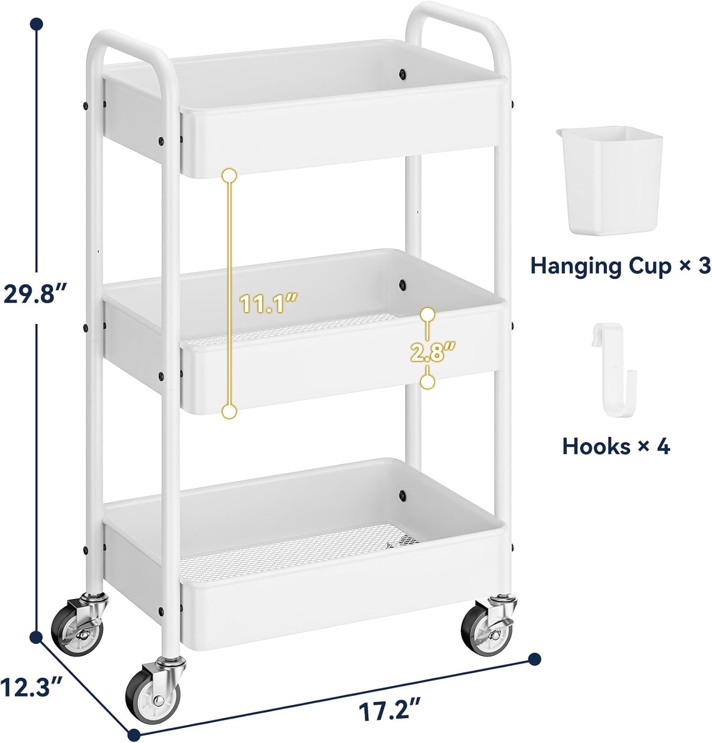 YASONIC Metal 3 Tier Rolling Cart - Heavy Duty Utility Cart with Lockable Wheels, Hanging Cups, Hooks, Mesh Rolling Storage Cart Craft Cart Organizer, Lightweight and Sturdy, White