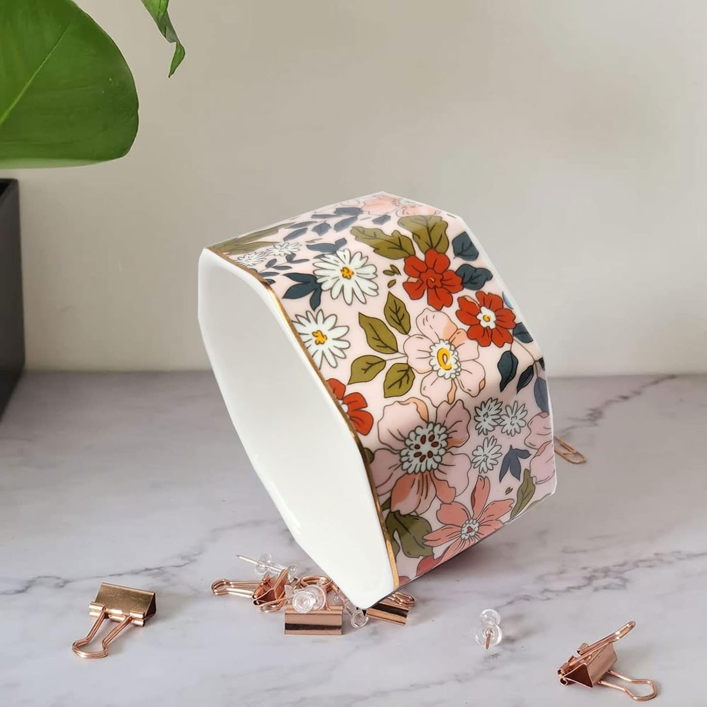 Ceramic Paper Clip Holder Gold Line Paper Clip Dispenser Organizer for Desk Cute Floral Pattern Office Binder Clip Holder Bobby Pin and Hair Clip Holder Gift for Office Pink Flowers