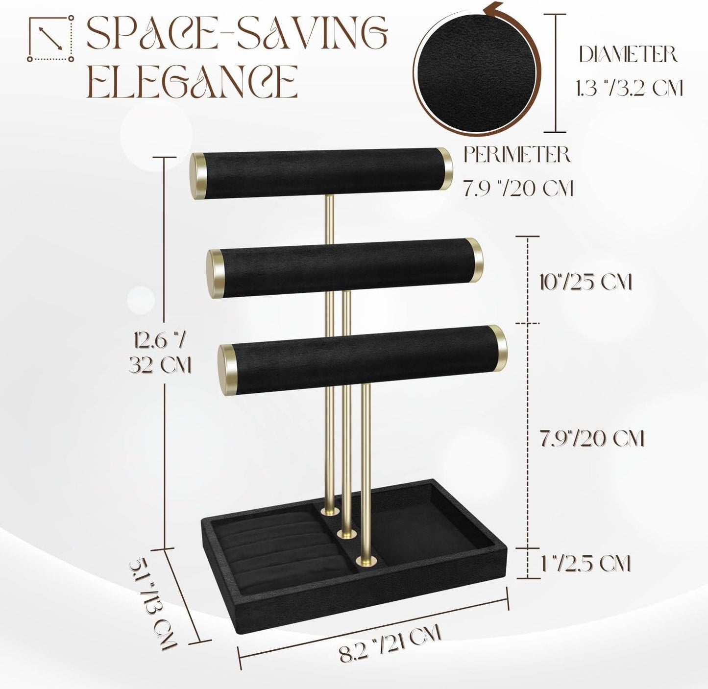 Flexzion 3 Tier Bracelet Holder Display Stand - Black Velvet Bracelet Holder Organizer with Detachable T Bar - Jewelry Display Stand for Bracelets, Bangles, Necklace, Watches, Rings