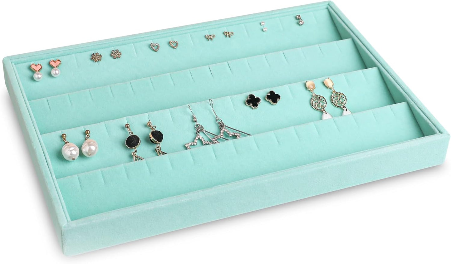 Frebeauty Stackable Velvet Jewelry Organizer Trays for Drawers Inserts Jewelry Storage Tray Display Case, Stud Earrings Bracelets Necklace Rings Accessories Trays for Women(Set of 4)(Turquoise)