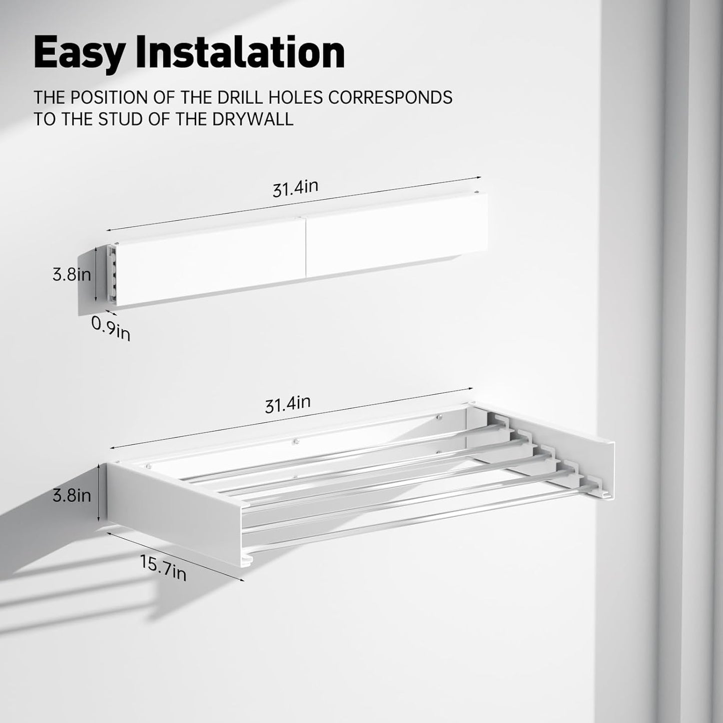 Wall Mounted Clothes Drying Rack, Extending Laundry Rack, Wall Mount Laundry Drying Rack Folding Indoor, 60lbs Capacity (5 Drying Rods, White 31.5")