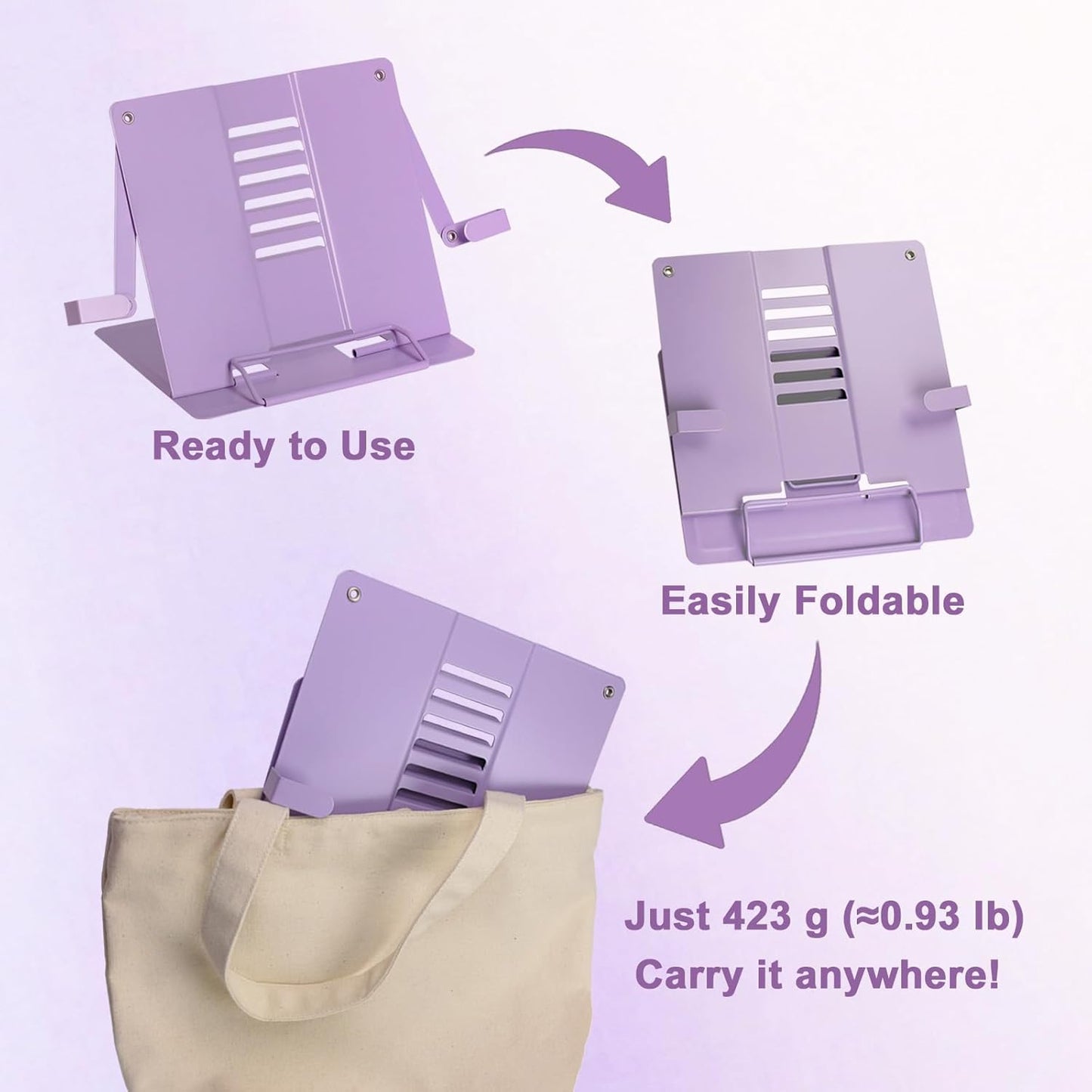 Metal Desk Book Stand for Reading with Adjustable Clips, Hands-Free Foldable Book Holder for Kids, Portable Document Stand for Desk, Display Stand for Recipes, Cookbooks, Tablets - Purple