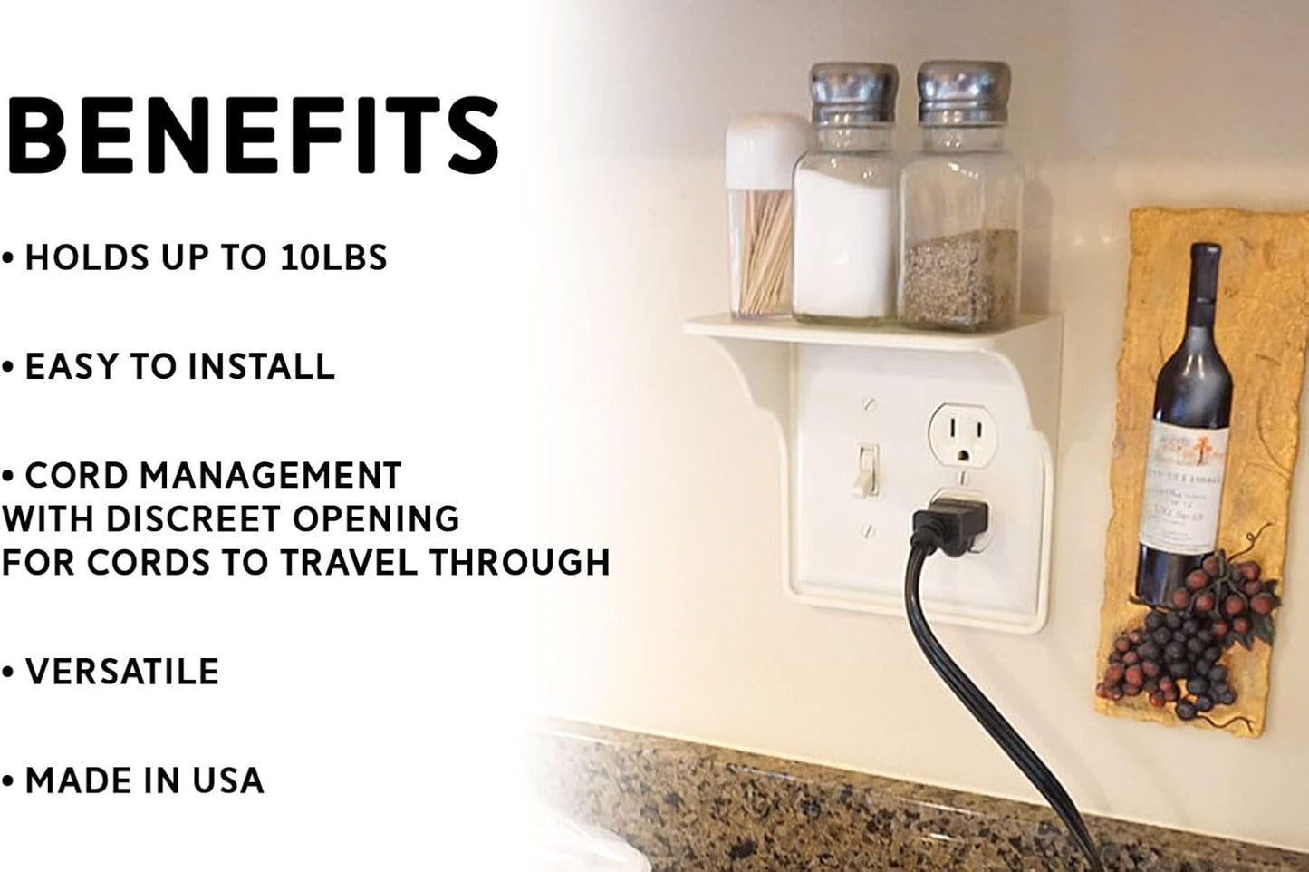 Power Perch Double Wall Outlet Shelf with Cord Storage Strap - Declutter & Reclaim Bathroom Counter Space - Alexa Stand, Apple Homepod Shelf, Toothbrush Holders Wall Mounted - Almond, 2-Pack