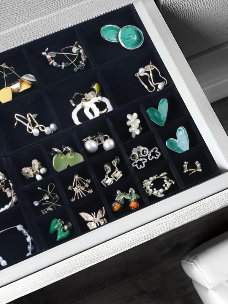 Set of 4 Stackable Jewelry Trays Organizer, Velvet Earring Organizer, Jewelry Organizer Showcase Display Drawer Organizer Storage, Earring Holder Necklace Bracelet Ring Accessary Organizers (Black)