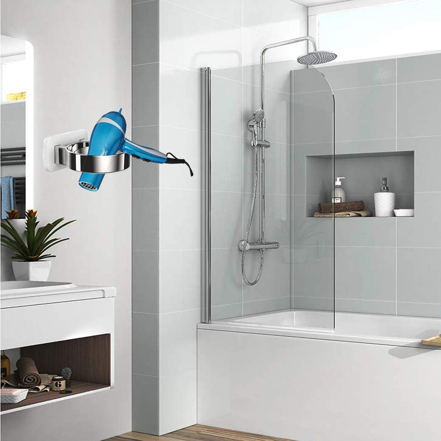 Hair Dryer Holder, Bathroom Cabinet Door Blow Dryer Stand, Blow Dryer Holders Wall Mount - Extra Large Rim (Silvery)