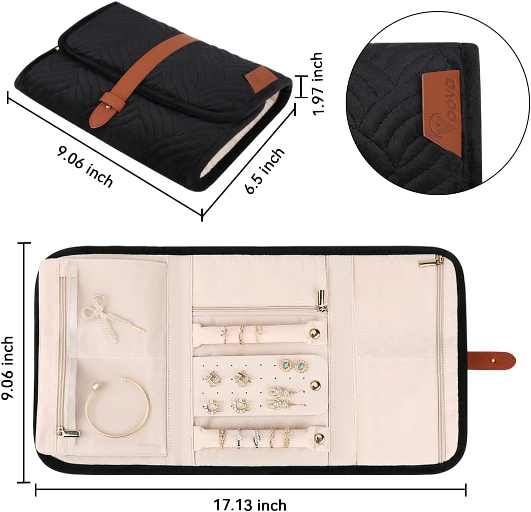 Voova Travel Jewelry Holder Organizer Case, Large Jewelry Storage Bag for Women Girls, Foldable Traveling Jewellery Pouch Roll for Necklaces Rings Earrings Bracelets, Black