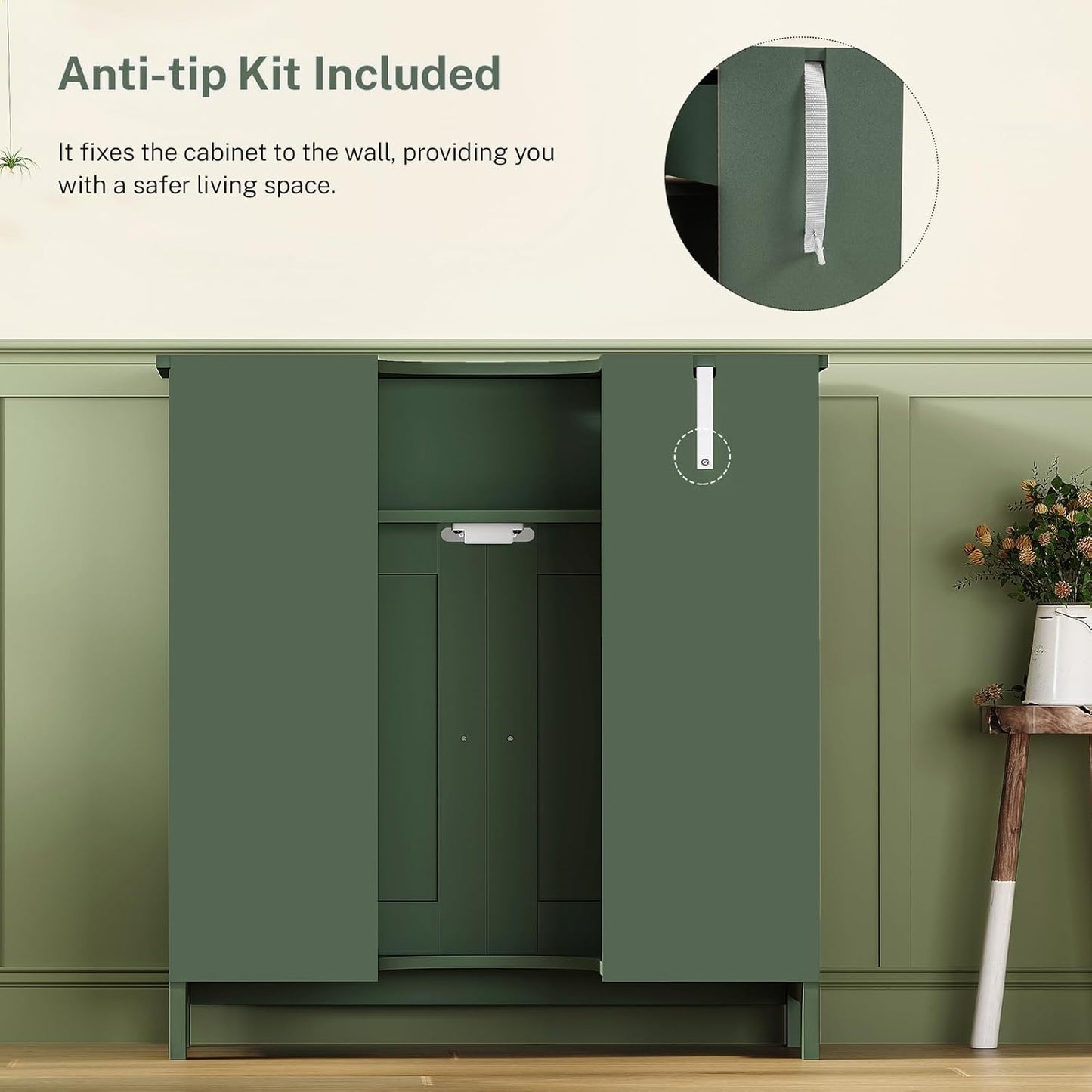 TEENFON Pedestal Sink Storage Cabinet with 2 Doors and Drawer, Bathroom Sink Cabinet, Under Sink Storage with U-Shape Cut-Out, Green UNYSG033V