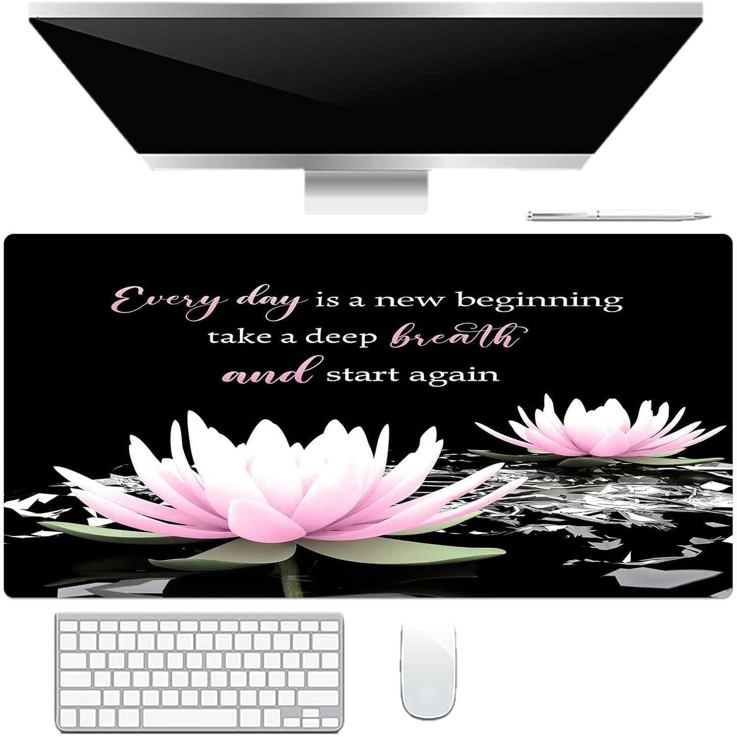 LB Pink Water Lily Flower Inspirational Large Mouse Pad with Motivational Quotes, Non-Slip Rubber Base Black White Aesthetic Desk Pad for Home, Office, Gaming Mouse Mat, 15.75" x 31.5"