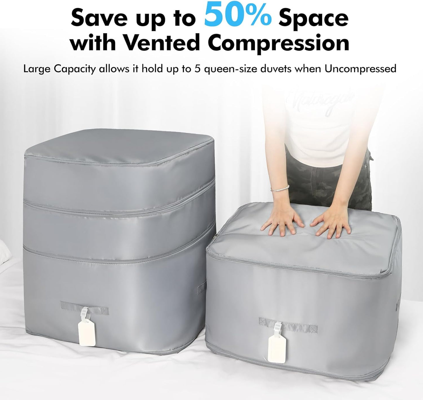Comforter Storage Bag-Ultra Space Saving Large Self Compression Organizer for Comforters and Blanket,3-Layer Zipper Self-Compressing Organizer for Storage Bedding. (Gray, 3 Pack)
