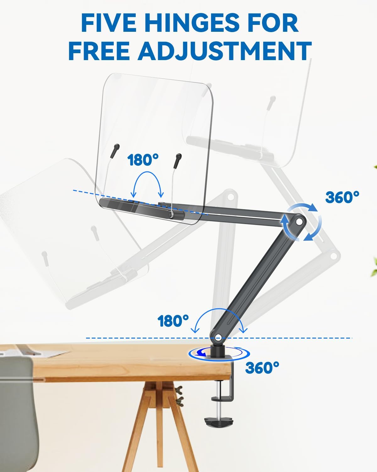 Desk Clamp Acrylic Book Stand for Reading, Ergonomic Design Adjustable Height up to 20 inches with Rotating Bases Cookbook Stand, Suitable for Recipe, Sheet Music, Tablet(Gray)