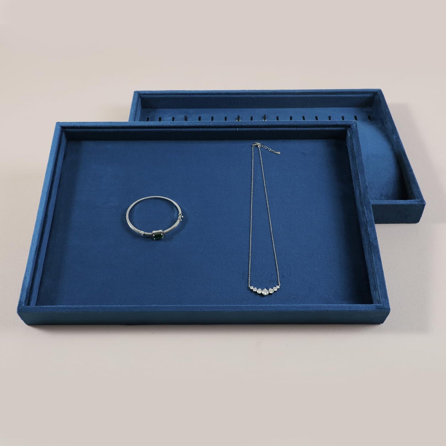 Velvet Stackable Jewelry Display Flat Tray For Ring Earring Necklace Bracelet, Bangle Pendant Storage Blank Plate, Shop Countertop Jewelry Dish Organizer (Blue)