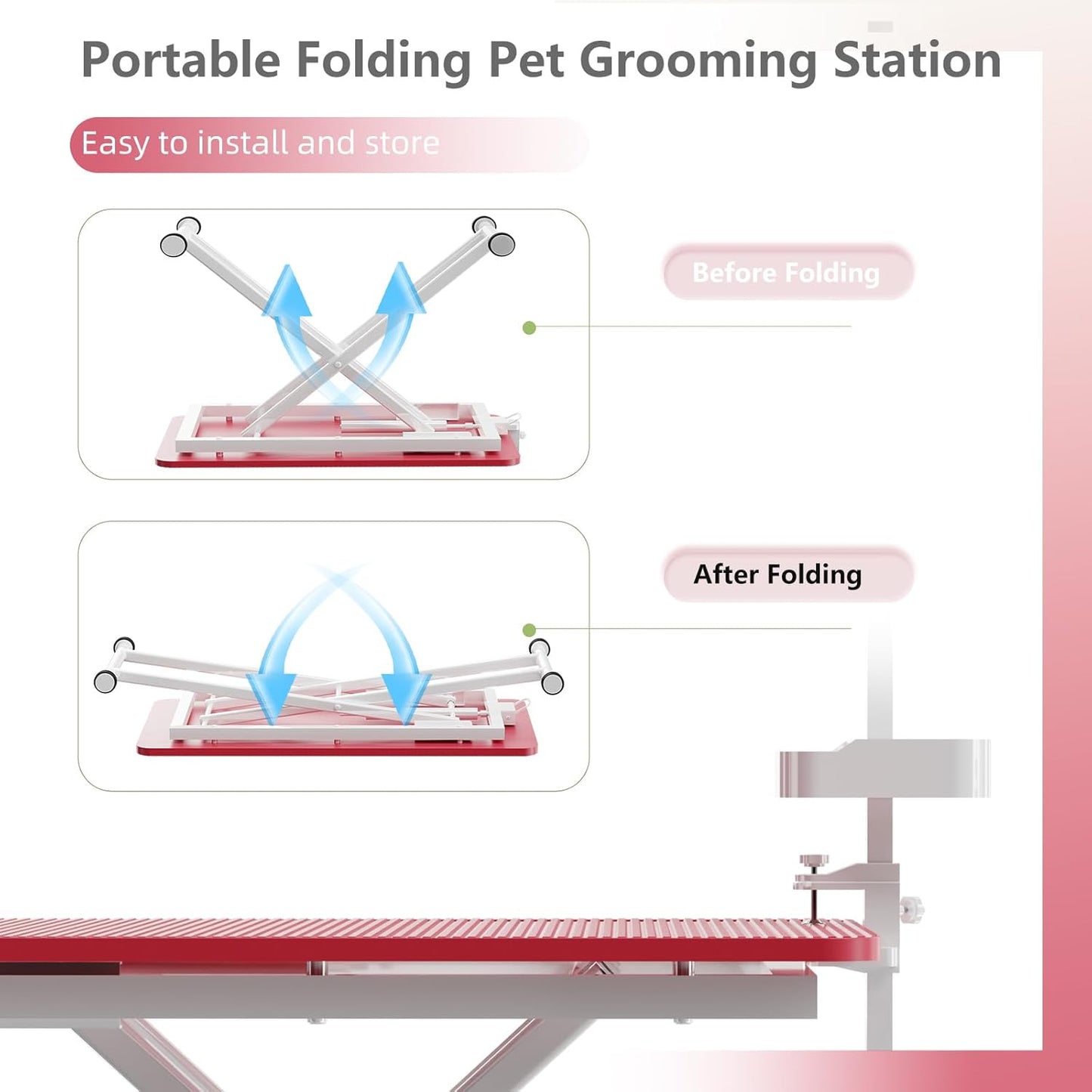 VFK 47" Adjustable Dog Grooming Table with Storage Box & Metal Basket Manual Height-Adjustable Pink Pet Grooming Table for Dogs at Home Use, Waterproof Scratch-Resistant Surface, X-Frame Design