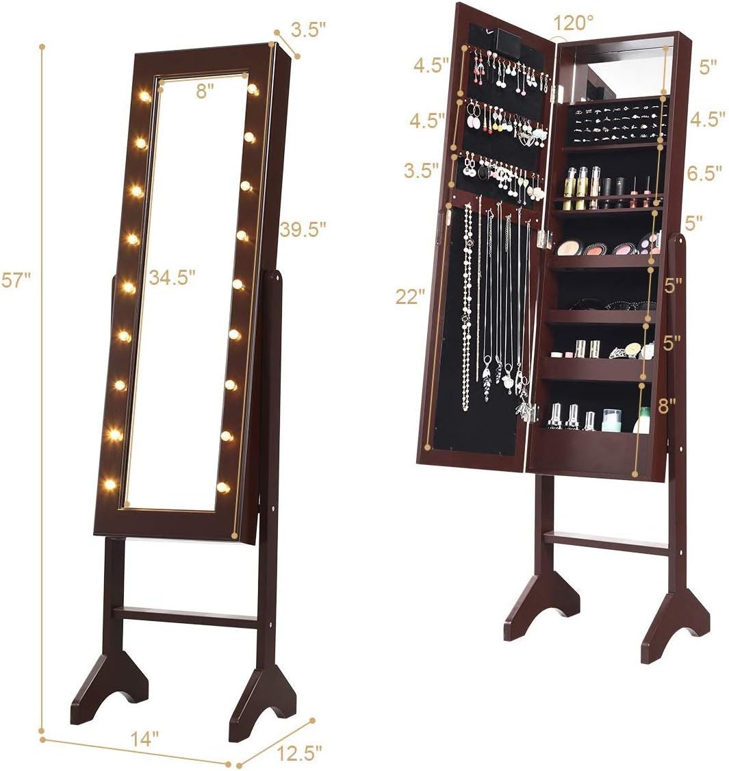 Giantex Standing Jewelry Armoire with 18 LED Lights Around the Door, Large Storage Mirrored Jewelry Cabinet with Full Length Mirror, 16 Lipstick Holders, 1 Inside Makeup Mirror (Brown)