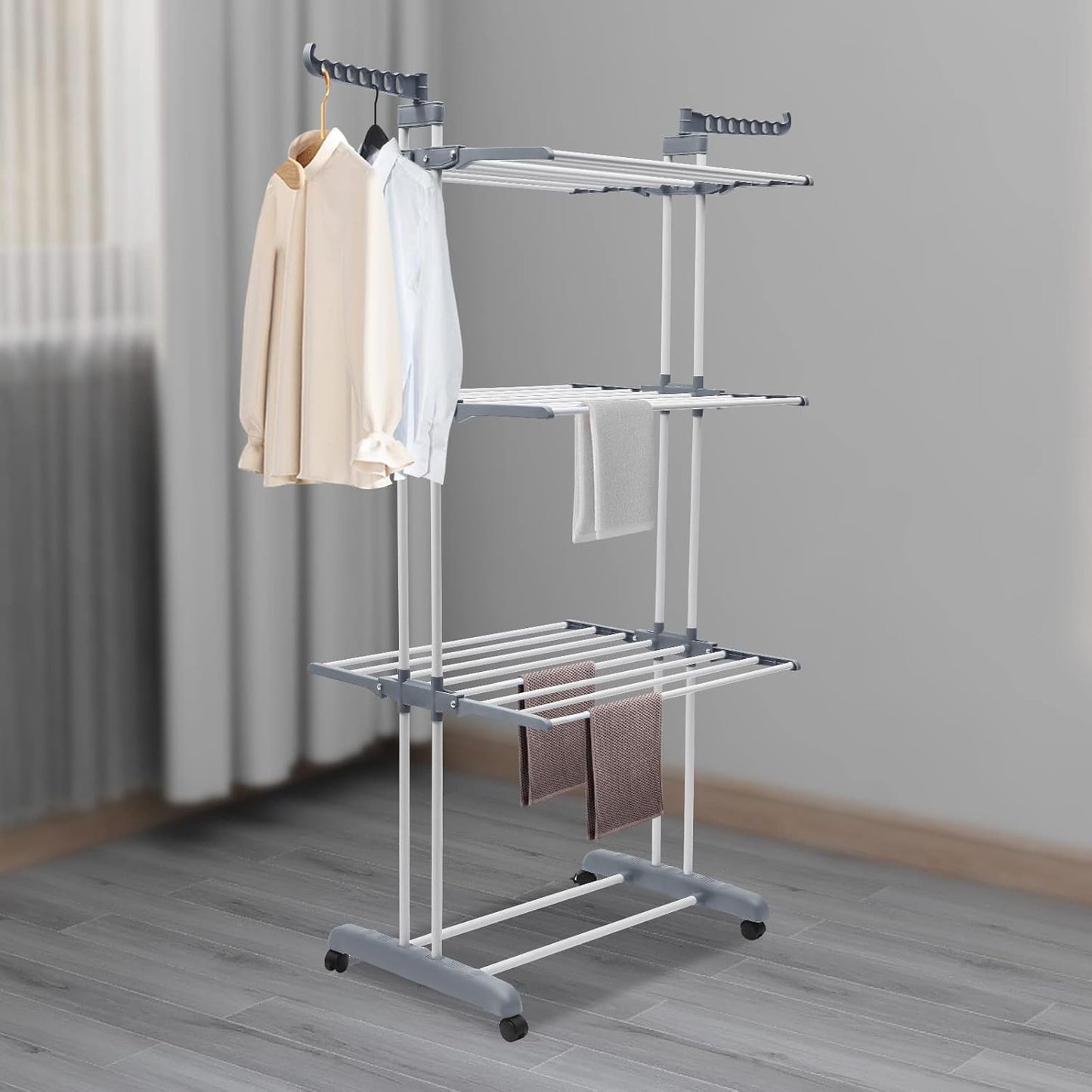 Drying Rack, 29.92*19.69*67.72inch 4 Tier Folding Clothes Drying Rack Rolling Laundry Garment Dryer Stand Multifunctional Stainless Steel Dryings Racks with Wheels for Bedrooms Lofts Balconies Patios