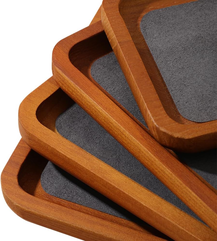 Wooden Jewelry Display Tray Rounded Rectangle Ring Showcase Stackable Elegant Bracelet Watch Jewelry Organizer for Personal Use and Commerce (Gray, Small-W 3.9'' x H 0.6'' x L 3.9'')